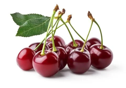 Juicy cherries with leaf Stock Photos