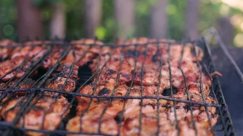 Juicy chicken pieces grilling on an outdoor barbecue grill with smoke rising Stock Footage 340263934