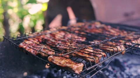 Juicy chicken pieces sizzling on a hot barbecue grill over glowing coals Stock Footage 340263885