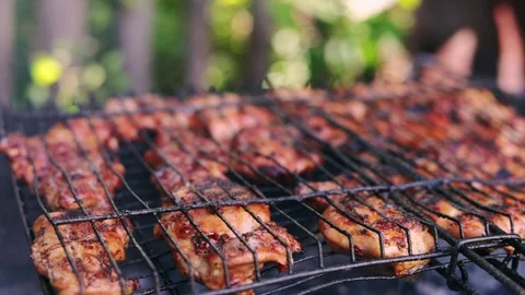 Juicy chicken pieces sizzling on a hot barbecue grill outdoors Stock Footage 340264027