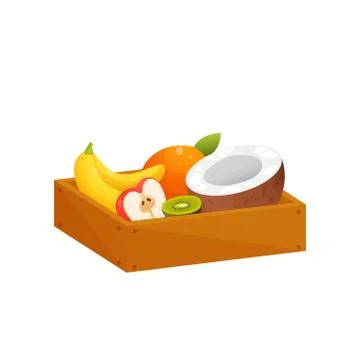 Juicy colorful fruit in wooden rectangular box isolated over white background イラスト素材