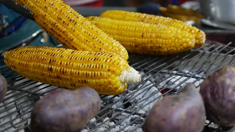 Juicy corn on the cob slowly roasts, developing a golden-brown texture with Stock Footage 307378370