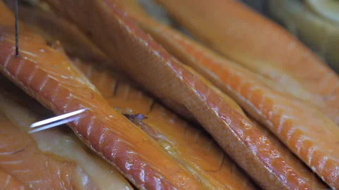 Juicy fish snack in the storefront close-up Видео 96766531