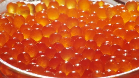 Juicy fresh Red Caviar macro close-up. Healthy seafood reach with omega Stock Footage 231103079