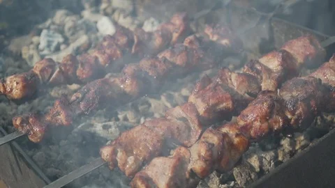 Juicy kebabs on the grill Vídeo Stock 112830769