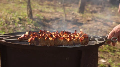 Juicy kebabs on grill in forest, close-up, hand flipping, light smoke Stock Footage 332436558