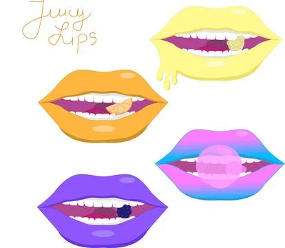 Juicy Lips Vector Set with Citrus and Candy Illustrazione stock
