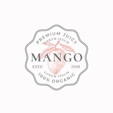 Juicy Mango Frame Badge or Logo Template. Hand Drawn Exotic Fruit Sketch with Stock Illustration