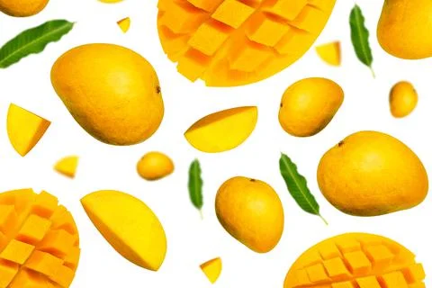 Juicy mango square cut with leaf and slice on white background Stock Photos