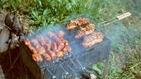 Juicy meat is cooked on the grill Stock Footage 118199566