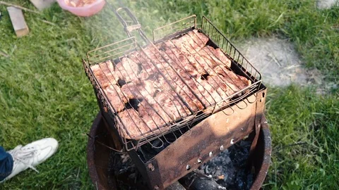 Juicy meat is fried on charcoal Stock Footage 76643407