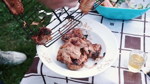 Juicy meat is fried on charcoal Stock Footage 76705232