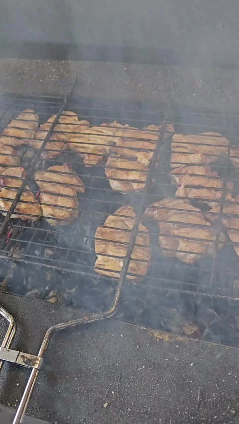 Juicy meat grilling over hot coals with smoke rising Stock Footage 308823922