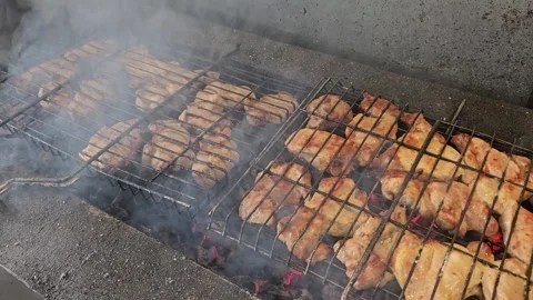 Juicy meat grilling over hot coals with smoke rising Stock Footage 308823944
