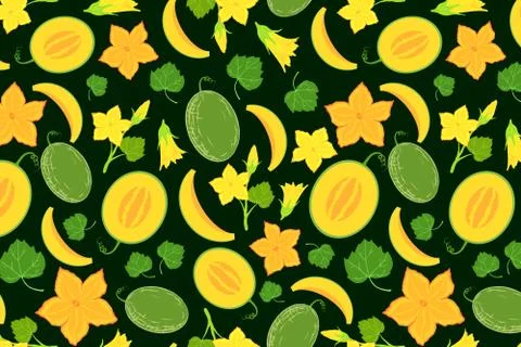 Juicy melon seamless pattern with blooming elements Stock Illustration