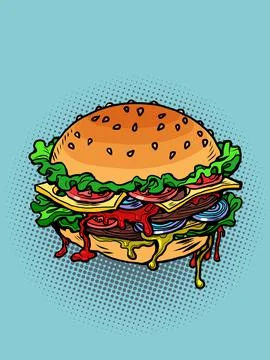 Juicy multi-layered burger with cutlet and tomato salad, fast food and street Stock Illustration
