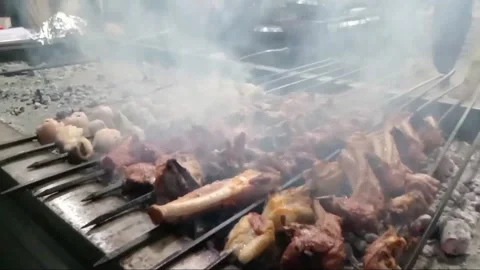 Juicy Mutton Chops &amp;amp; Meat Pieces BBQ | Authentic Street Food Grilling Stock Footage 313791165