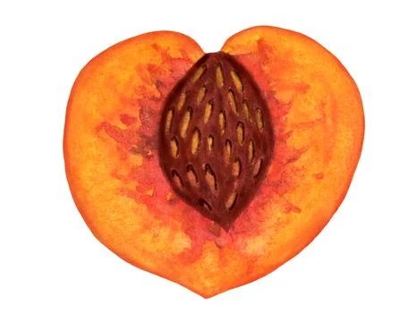 Juicy peach half with big pit. Ripe watercolor fruit isolated, white background Stock Illustration