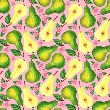 Juicy pear with flowers seamless pattern isolated on pink background Illustrazione stock