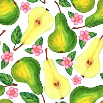 Juicy pear with flowers seamless pattern isolated on white background Stock Illustration