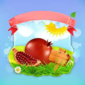 Juicy pomegranate, vector label design Stock Illustration