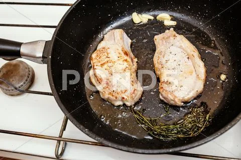 Juicy Pork Steaks In The Pan, Cooking Food