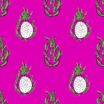 Juicy seamless vector pattern with pitahaya on a pink background Stock Illustration