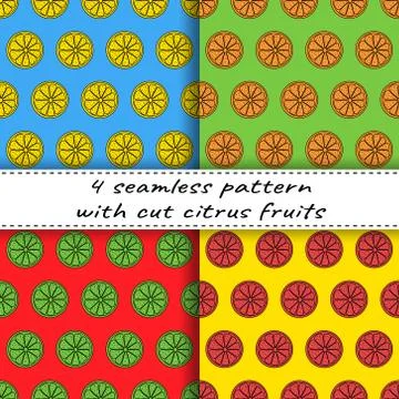 Juicy set of seamless patterns with sliced pieces of citrus fruit. The colorful イラスト素材