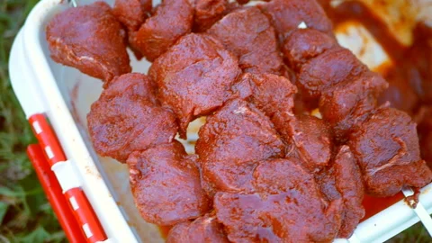 Juicy slices of raw pickled beef meat on skewers. BBQ cooking outdoors Stock Footage 118200298