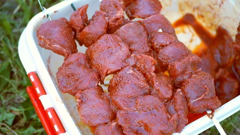 Juicy slices of raw pickled beef meat on skewers. BBQ cooking outdoors Stock Footage 118200314