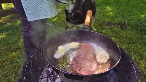 Juicy steak is being cooked in a cast iron pan outside on the grill. Stock Footage 315269424