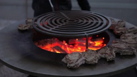Juicy steak with grilling stripes ready for picnic celebration. Barbecue grill Video stock 155152986