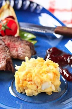 Juicy steak with mashed potatoes and gravy Stock Photos