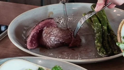 Juicy steak slice. Food close-up Stock Footage 336448167