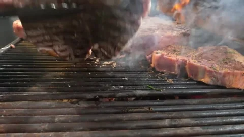 Juicy Tomahawk and T-Bone Steaks Grilling over Open Fire with Flames and Smoke Stock Footage 338213123