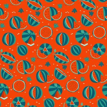 Juicy Watermelon Seamless Pattern on Red Background. Whole and sliced summer Stock Illustration