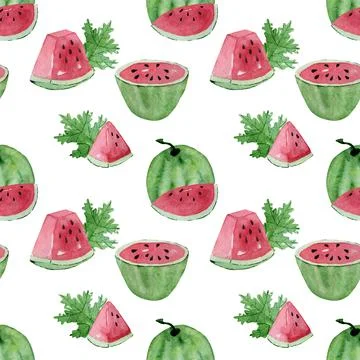 Juicy watermelon with slices seamless pattern. Endless illustration on white Stock Illustration