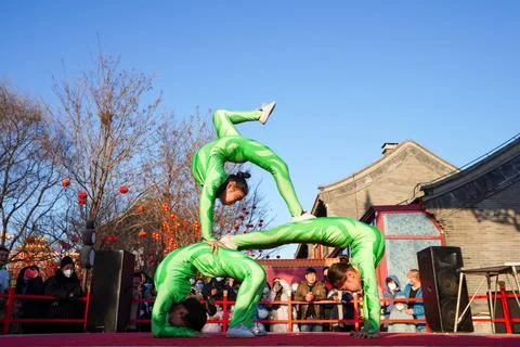 Jujitsu acrobatics performance in Hetou Old Street Scenic Area. Stock Photos