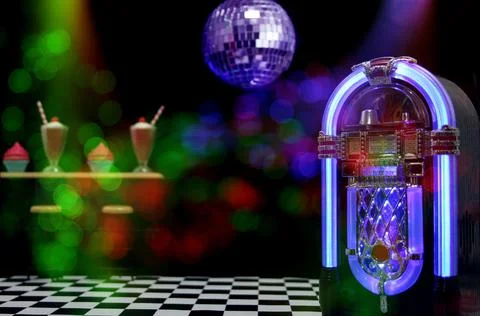 Jukebox in a bar with a disco call and bokeh lights with an illustration of Stock Illustration