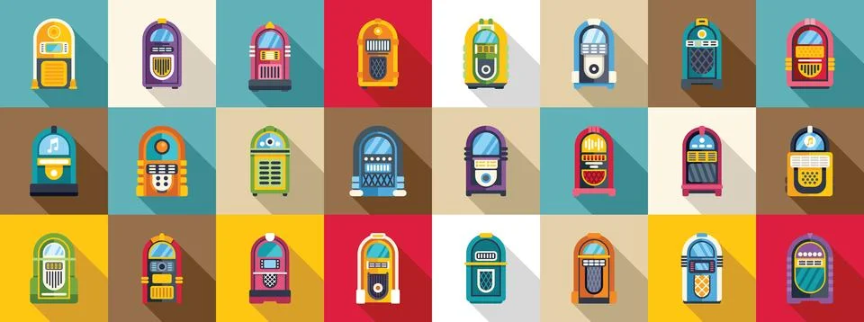 Jukebox icons set vector. A row of colorful jukeboxes with a variety of designs Illustrazione stock