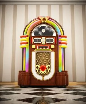 Jukebox standing on checkers ground next to the wall. 3D illustration Illustrazione stock