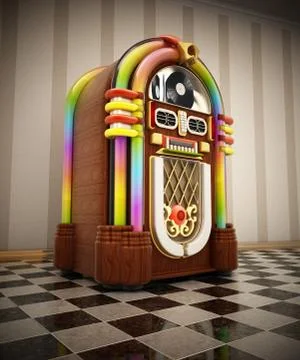 Jukebox standing on checkers ground next to the wall. 3D illustration Ilustración de archivo