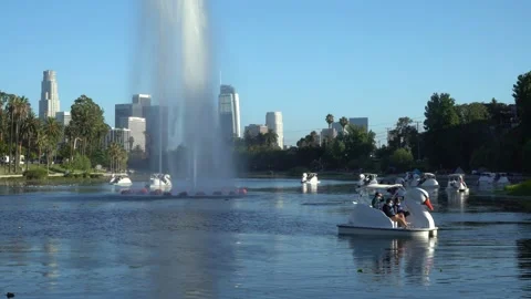 July 14 2020 - 4K Echo Park Pond with Los Angeles in background Clip3 Stock Footage 135212407