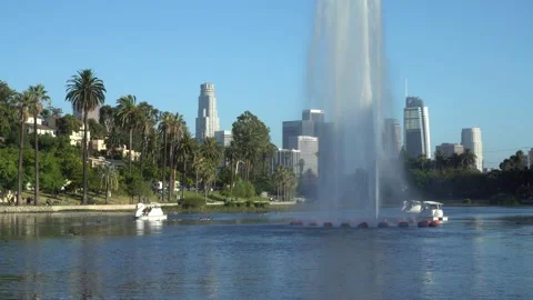 July 14 2020 4K Echo Park Pond with Los Angeles in background Clip1 Stock Footage 135212555