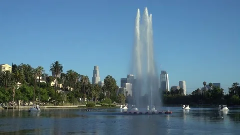 July 14 2020 4K Echo Park Pond with Los Angeles in background Clip 2 Stock Footage 135212615