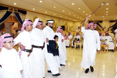 July 2020, wedding hall Riyadh, Saudi Arabia, Saudi men celebrating and enjoy Stock Photos