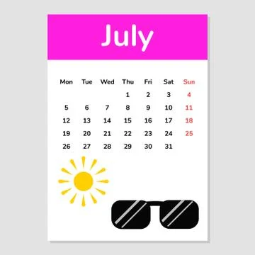 July 2021 calendar sheet with sunglasses illustration. Vector. Isolated. Stock Illustration