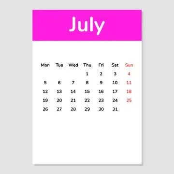 July 2021 calendar sheet. Vector illustration. Isolated object on white. Stock Illustration