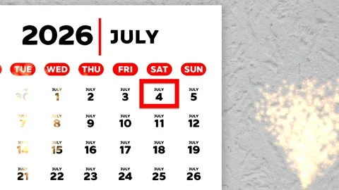 July 4th date 2026 highlighted with a red cursor and two burning sparklers by it Stock Footage 336794048