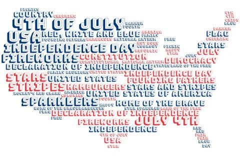 July 4th word cloud shaped like United States Stock Illustration